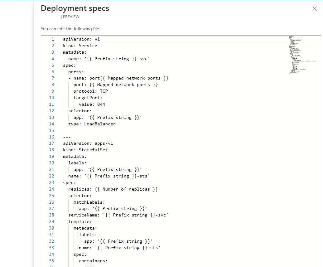 Screenshot of the Kubernetes manifest file editor in the target settings.