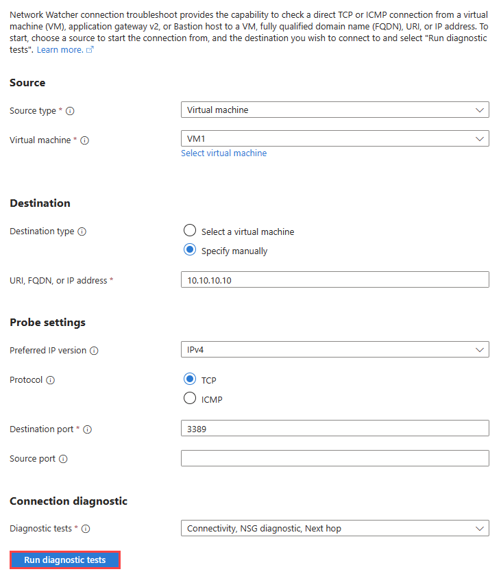 Screenshot that shows connection troubleshoot in the Azure portal to test the connection between a virtual machine and an IP address.