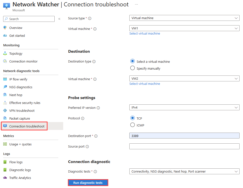 Screenshot that shows Network Watcher connection troubleshoot in Azure portal to test the connection between two virtual machines.