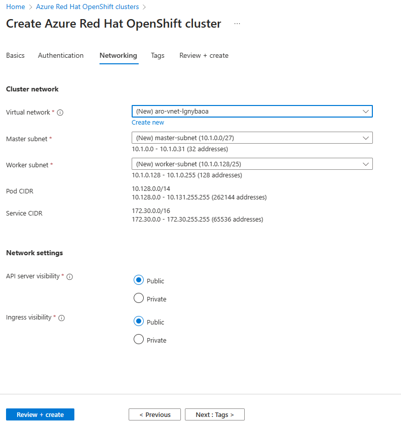 Screenshot of Networking tab on Azure portal.