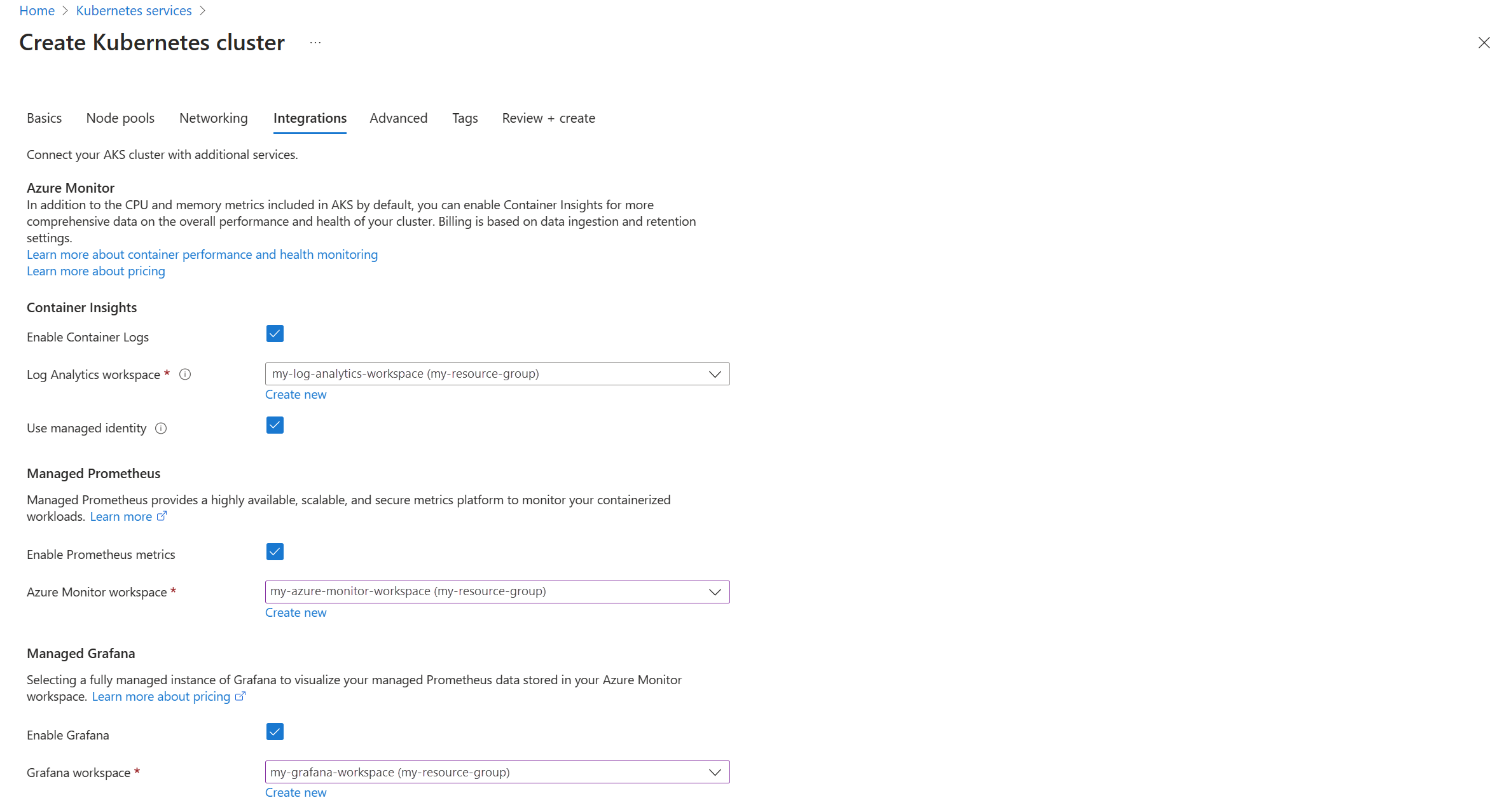 Screenshot of integrations tab for new AKS cluster.
