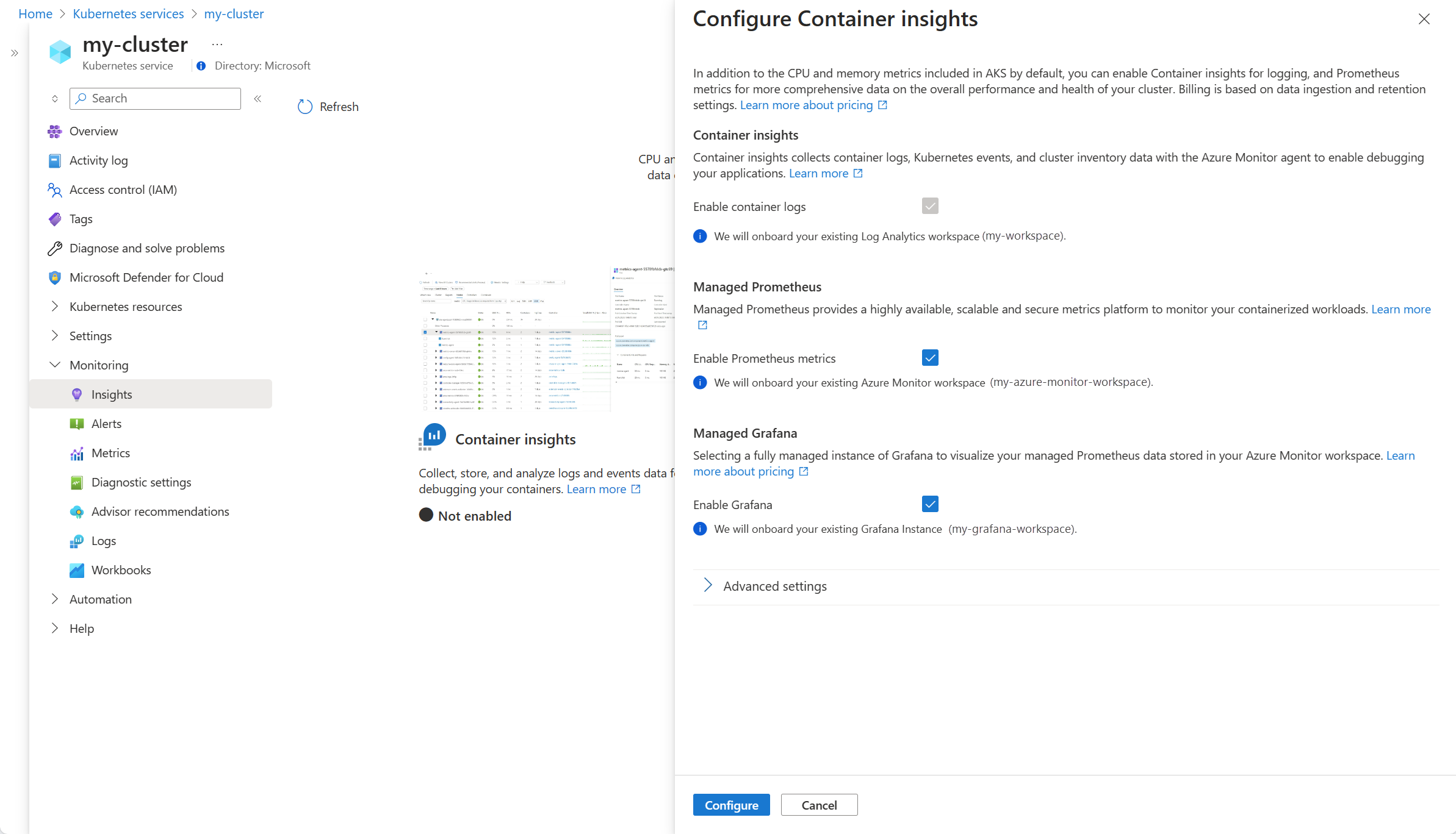 Screenshot that shows the dialog box to configure Container insights with Prometheus and Grafana.