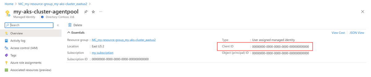 Screenshot that shows a client ID on an overview page for a managed identity.