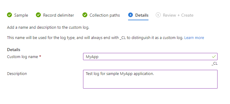 Screenshot that shows adding a log name.