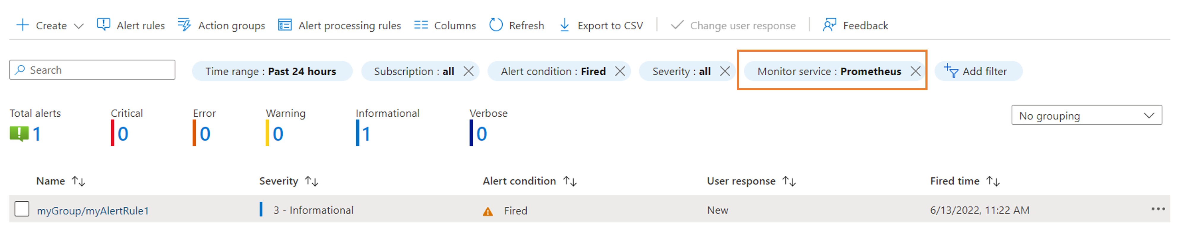 Screenshot of a list of alerts in Azure Monitor with a filter for Prometheus alerts.