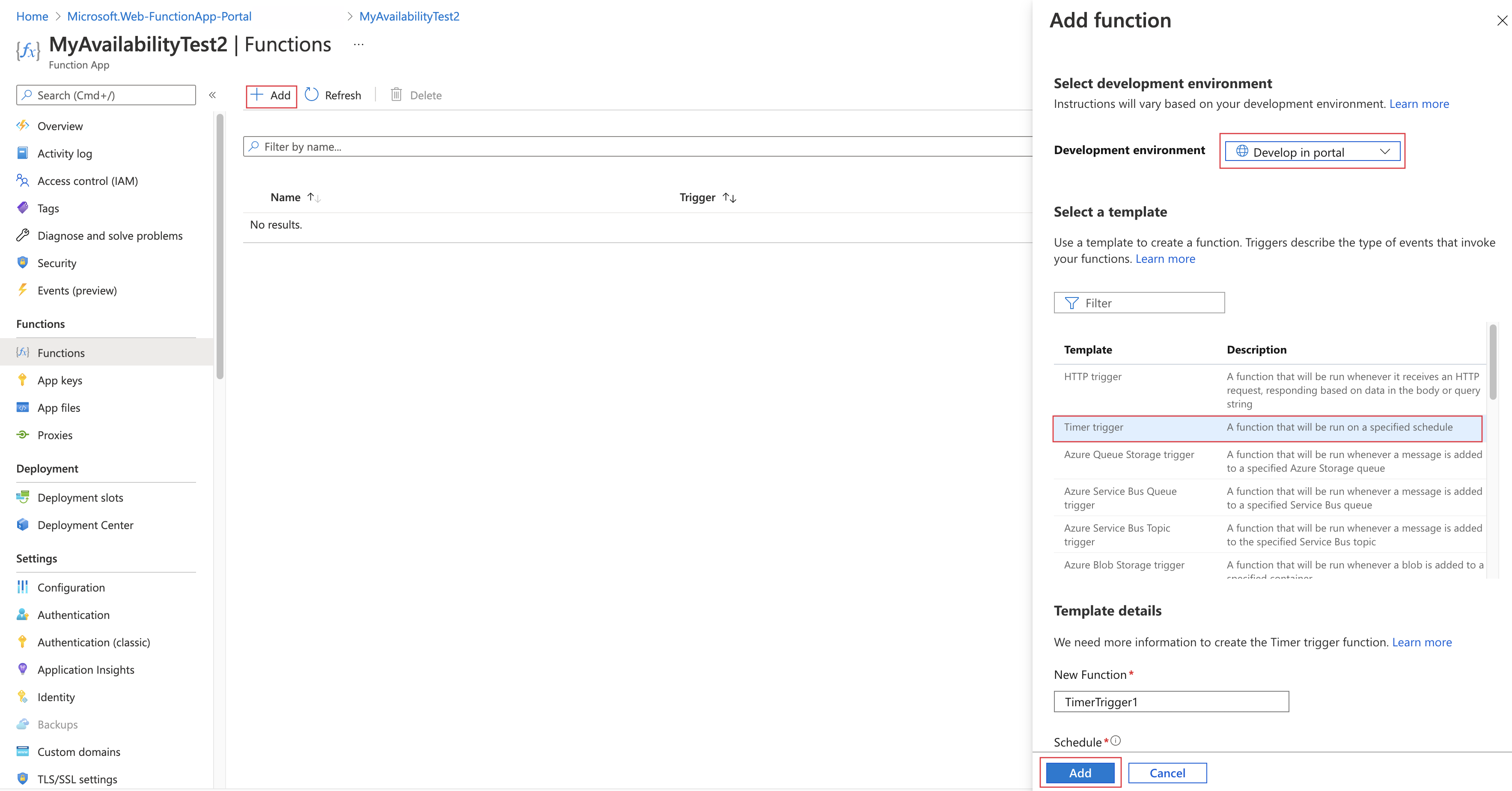 Screenshot that shows how to add a timer trigger function to your function app.