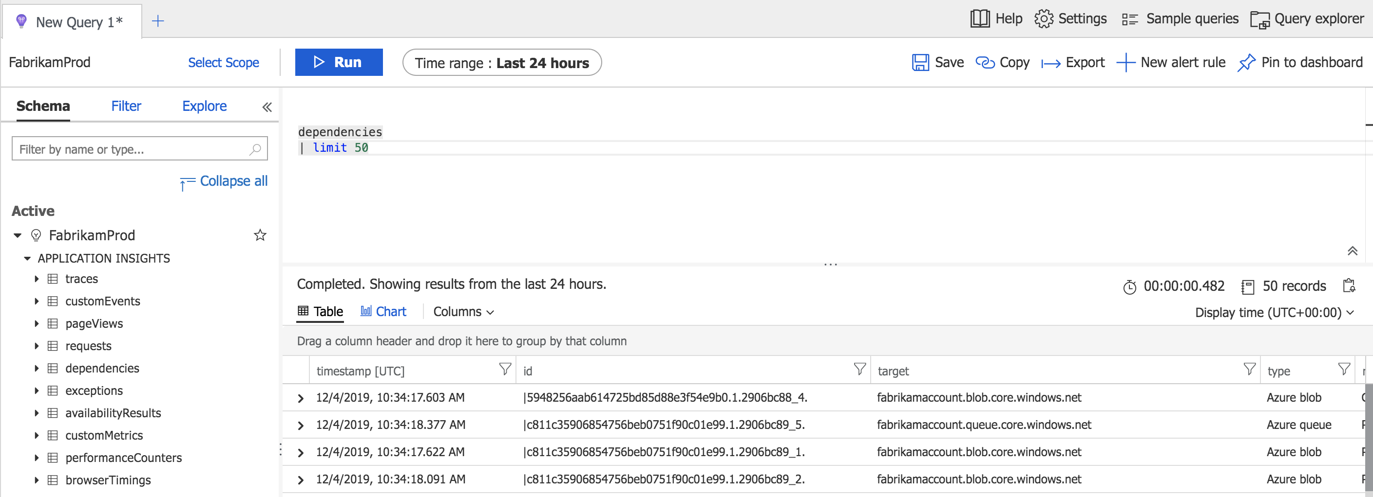 Screenshot that shows the New Query tab with dependencies limited to 50.