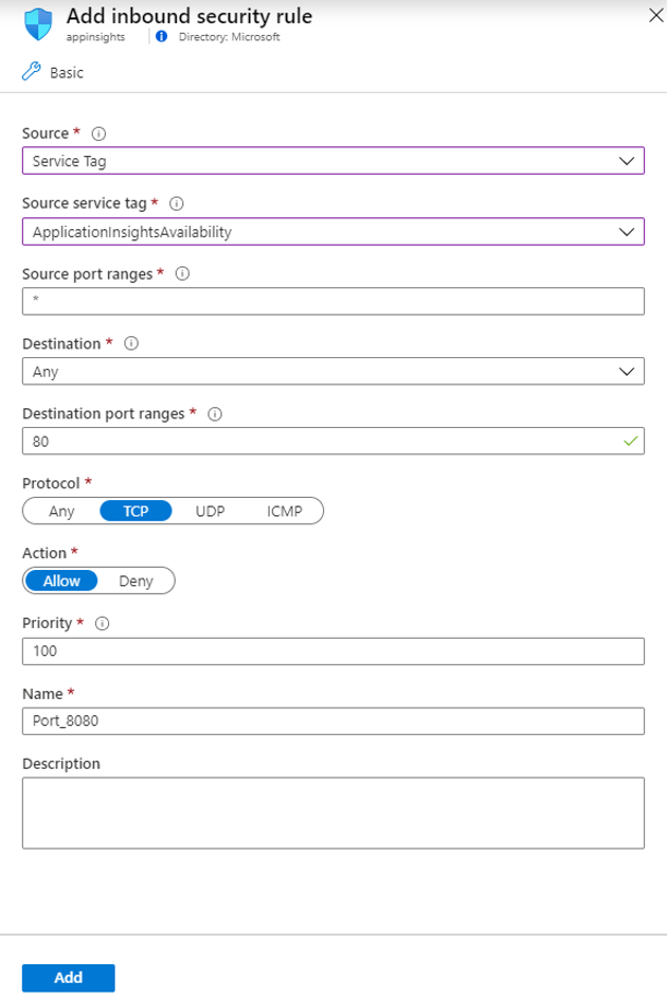 Screenshot that shows the Add inbound security rules tab with a source of service tag.