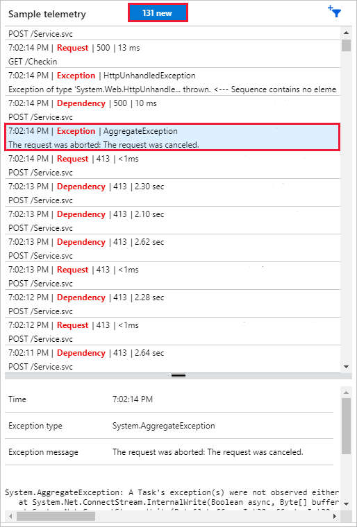 Screenshot that shows the Sample telemetry window with an exception selected and the exception details displayed at the bottom of the window.