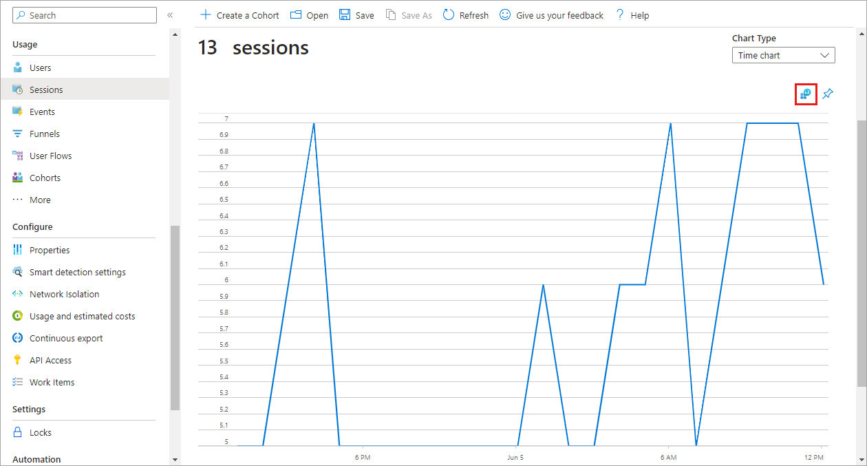 Screenshot of the Application Insights Session pane in the Azure portal. The Open the last run query icon is highlighted.