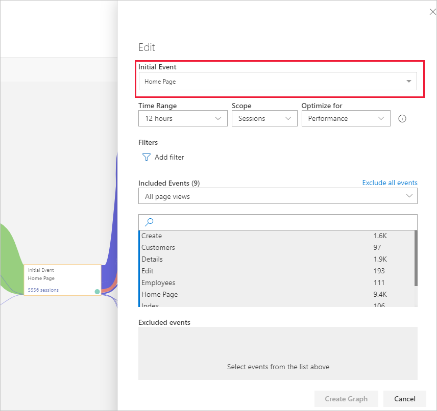 Screenshot that shows choosing an initial event for User Flows.