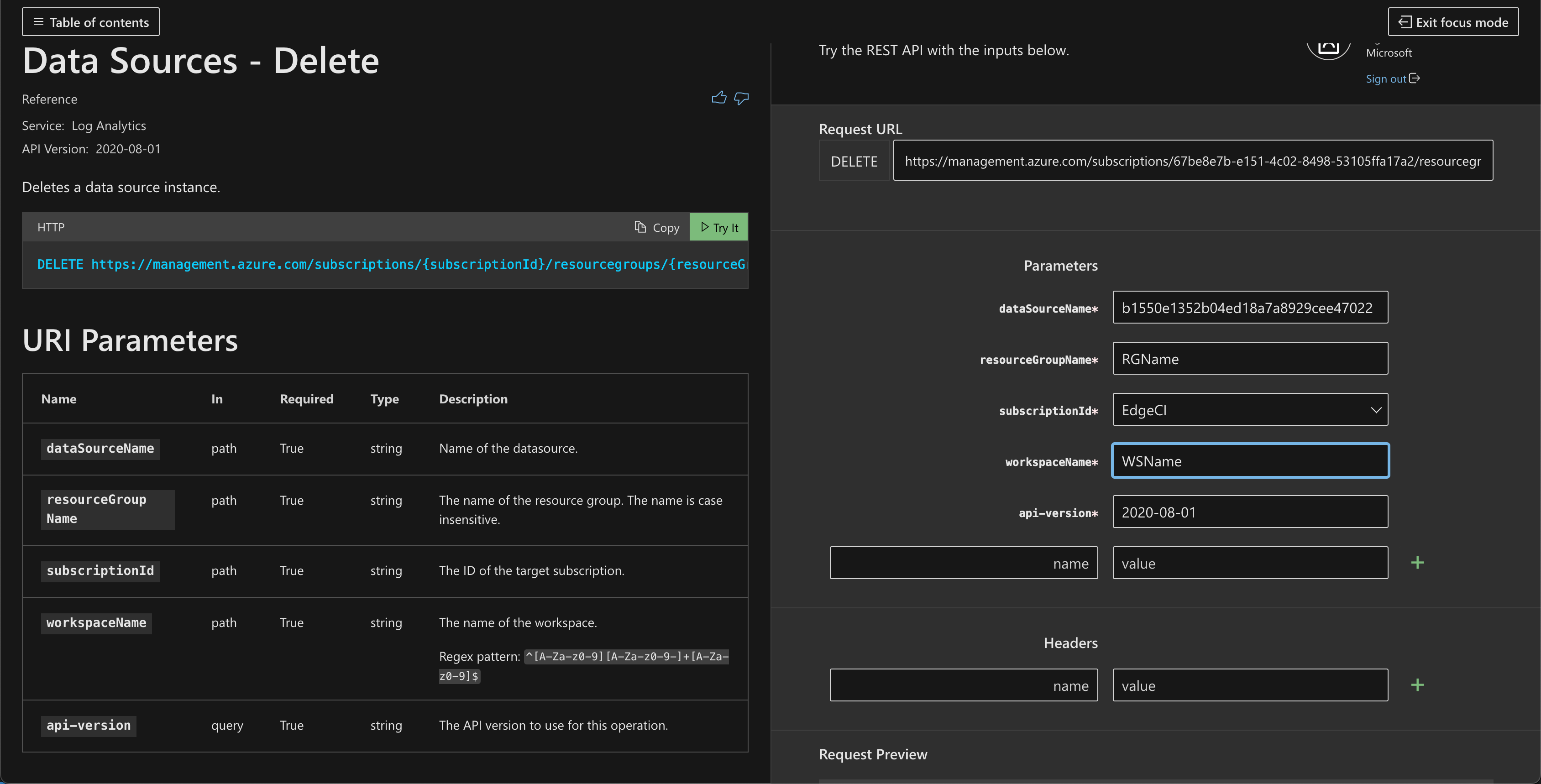 Screenshot of the configuration of the Data Sources - Delete API.