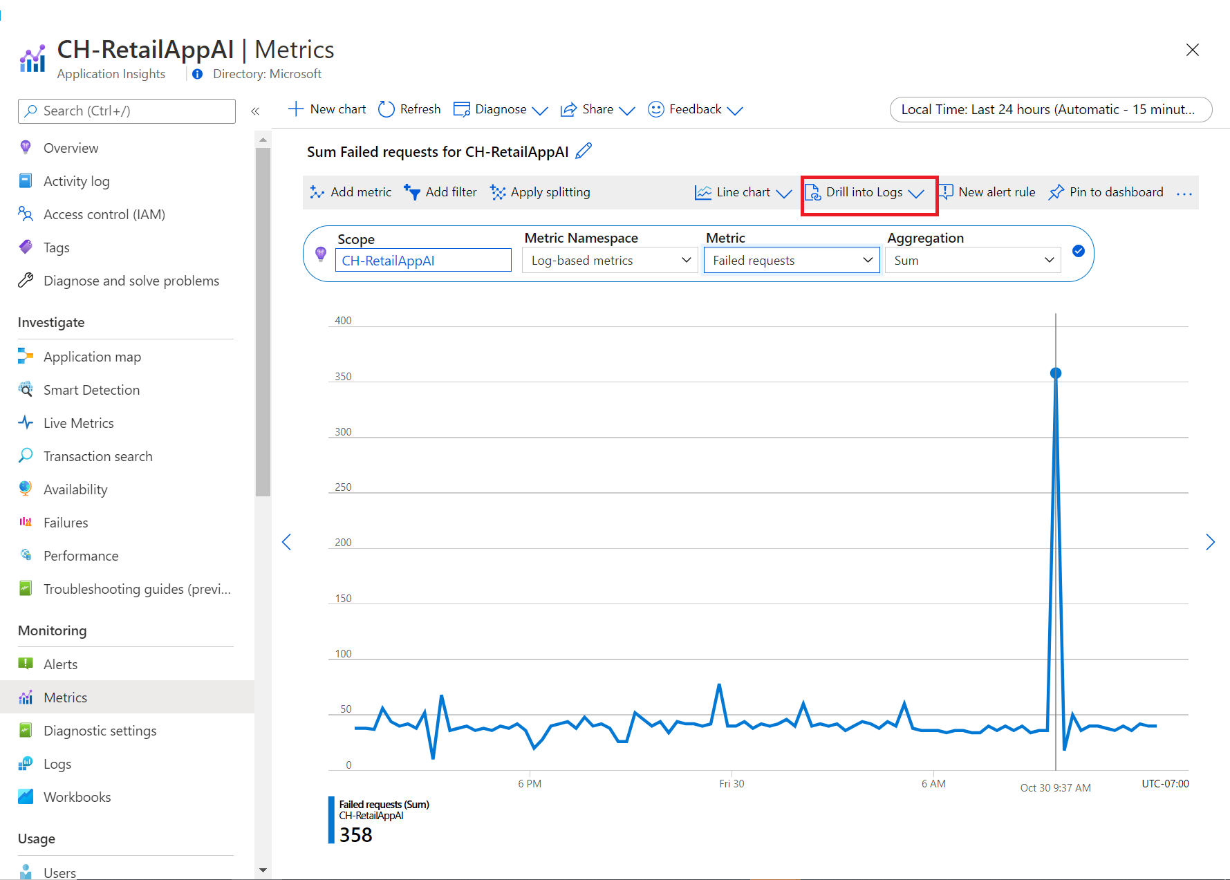 Screenshot that shows a spike in failures on an Application Insights metrics pane.