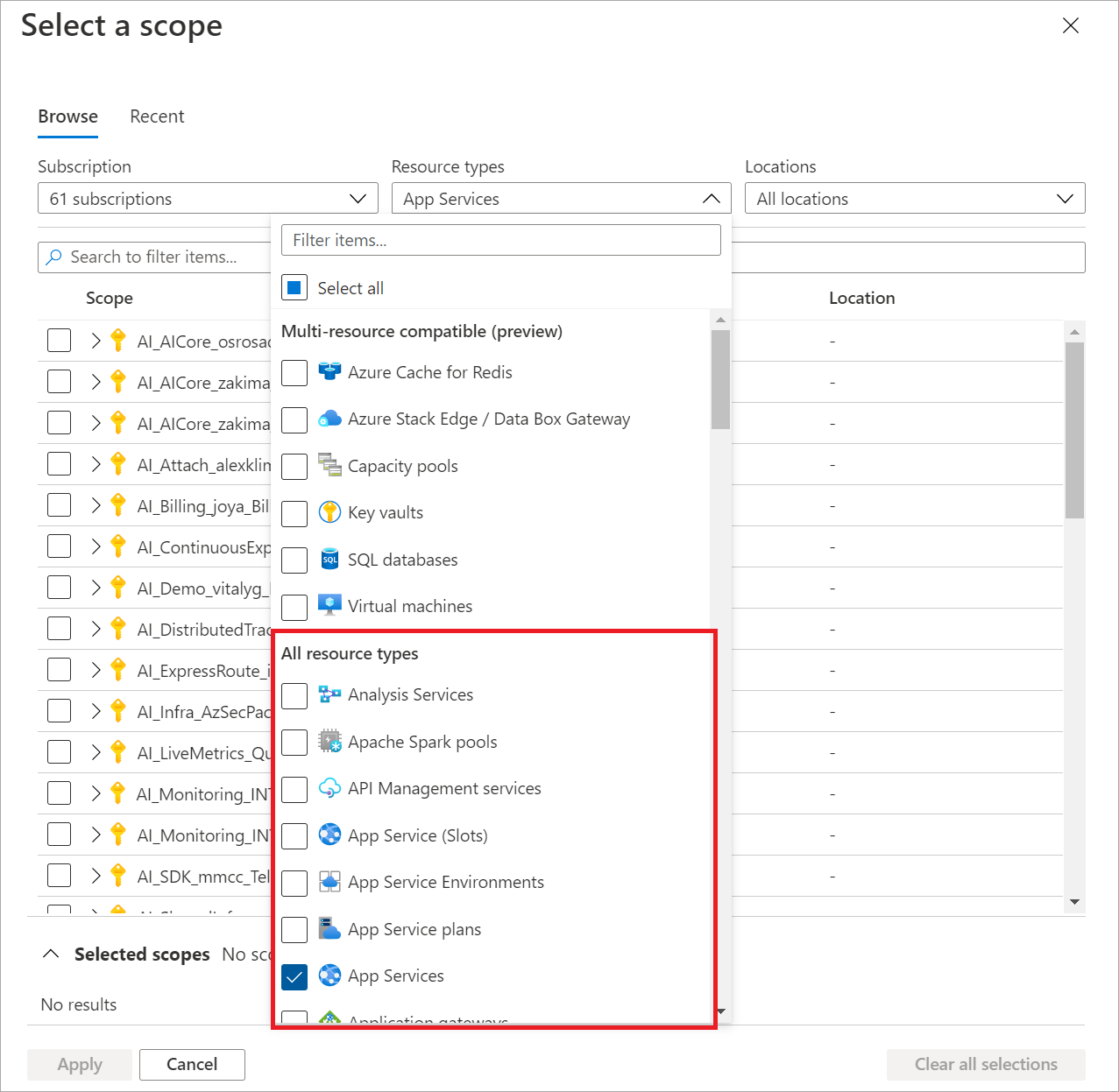 Screenshot that shows available resources in the scope picker.