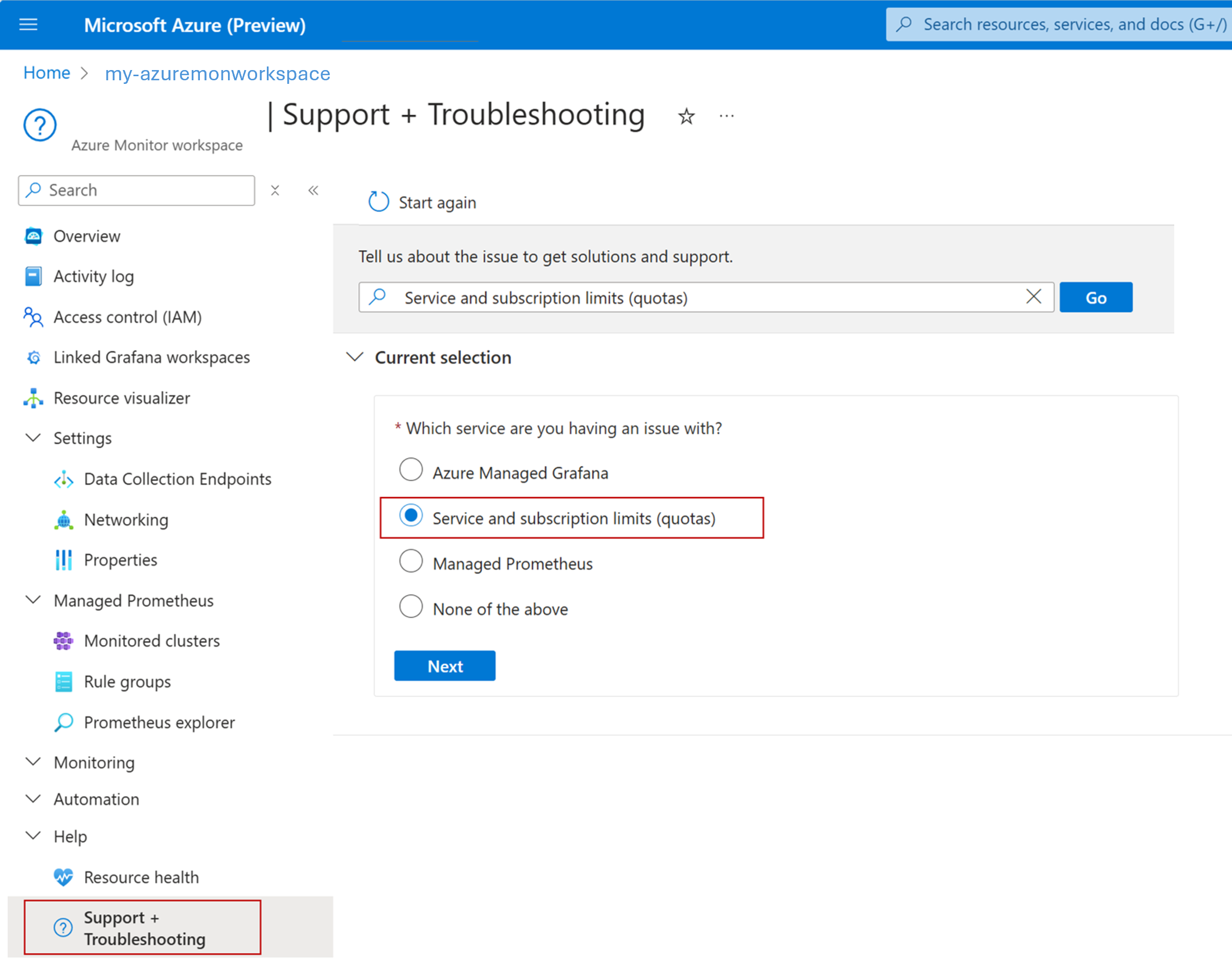 Screenshot that shows how to create a support ticket for limit increase.