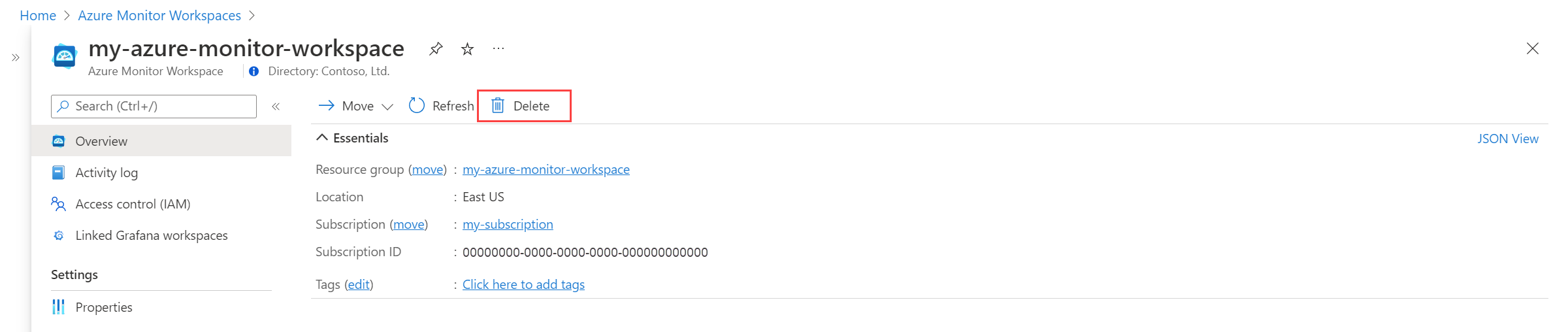 Screenshot of Azure Monitor workspaces delete button.