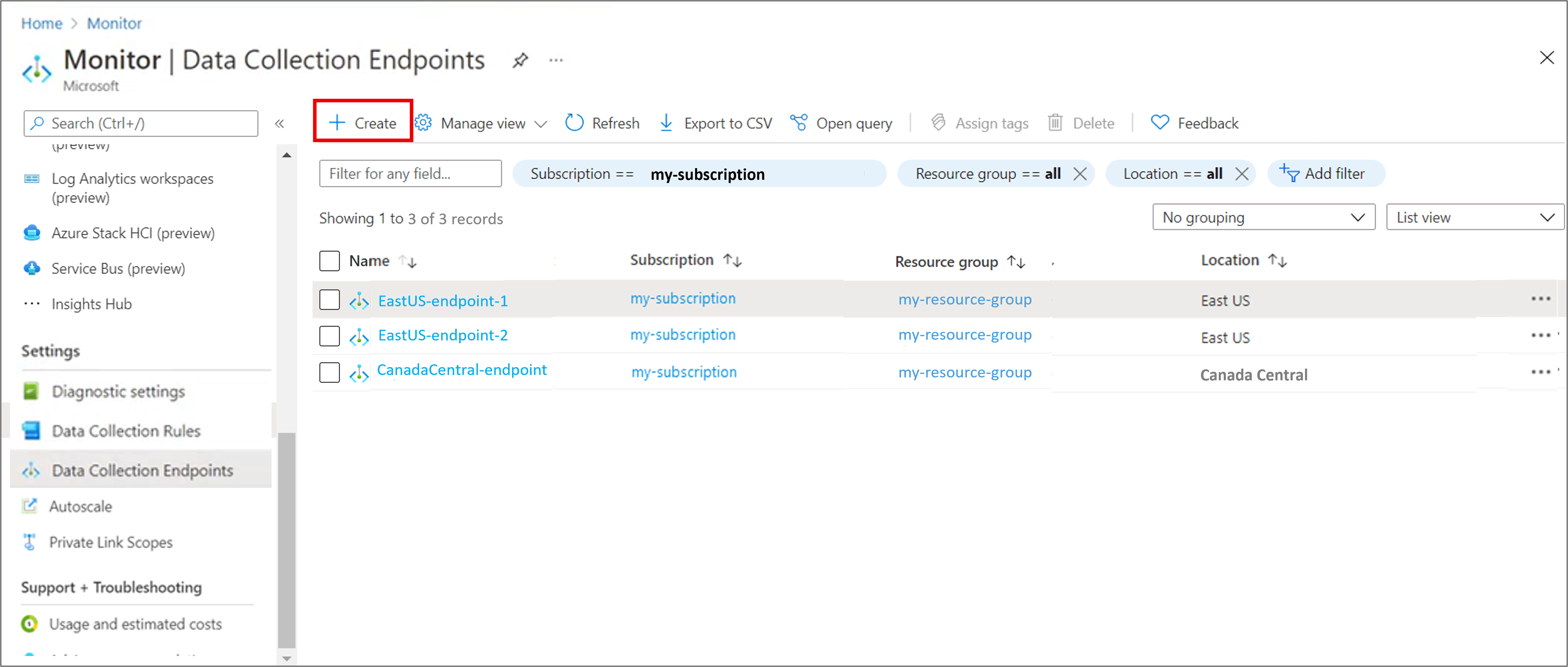 Screenshot that shows data collection endpoints.