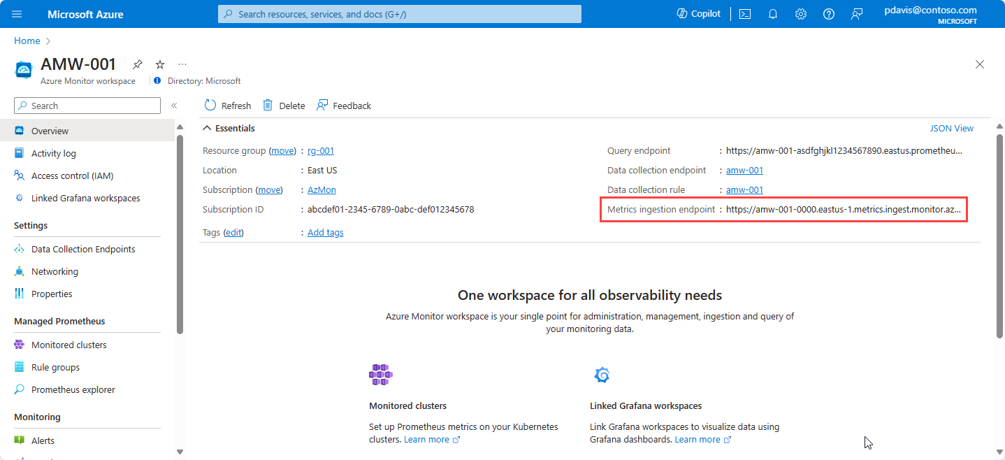 A screenshot showing the metrics ingestion endpoint for an Azure Monitor workspace.