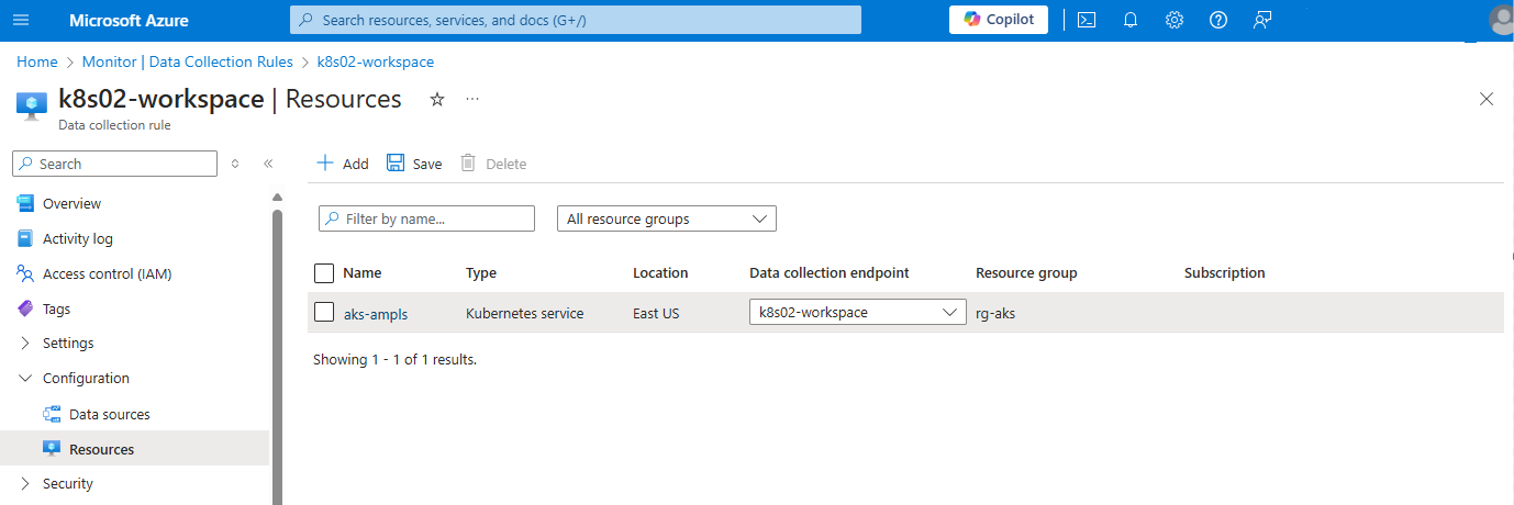 A screenshot show the data collection rules page for an Azure Monitor workspace.