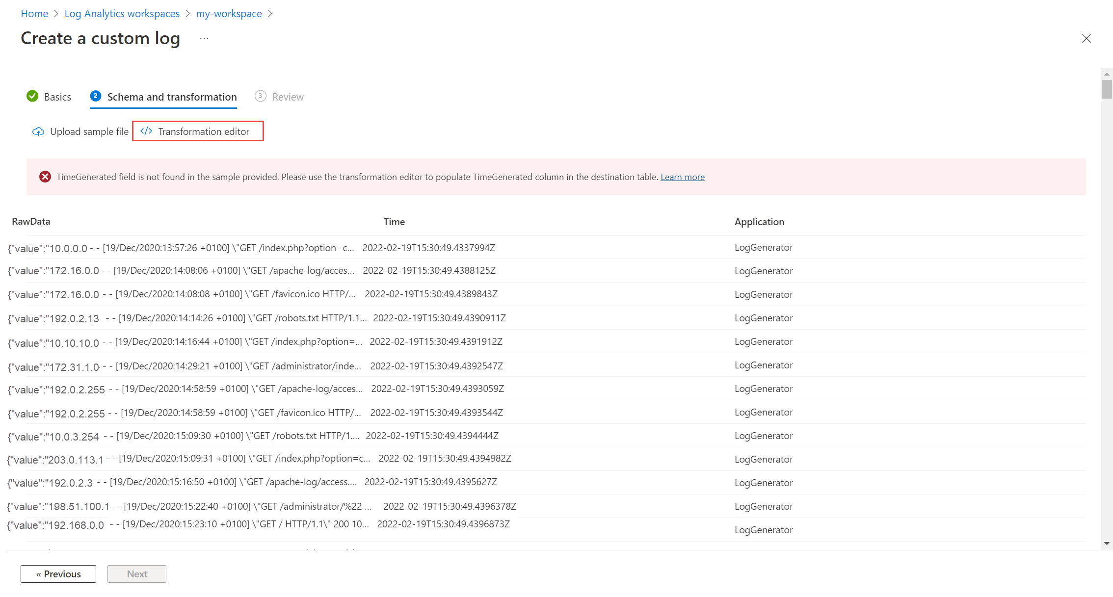 Screenshot showing custom log data preview.