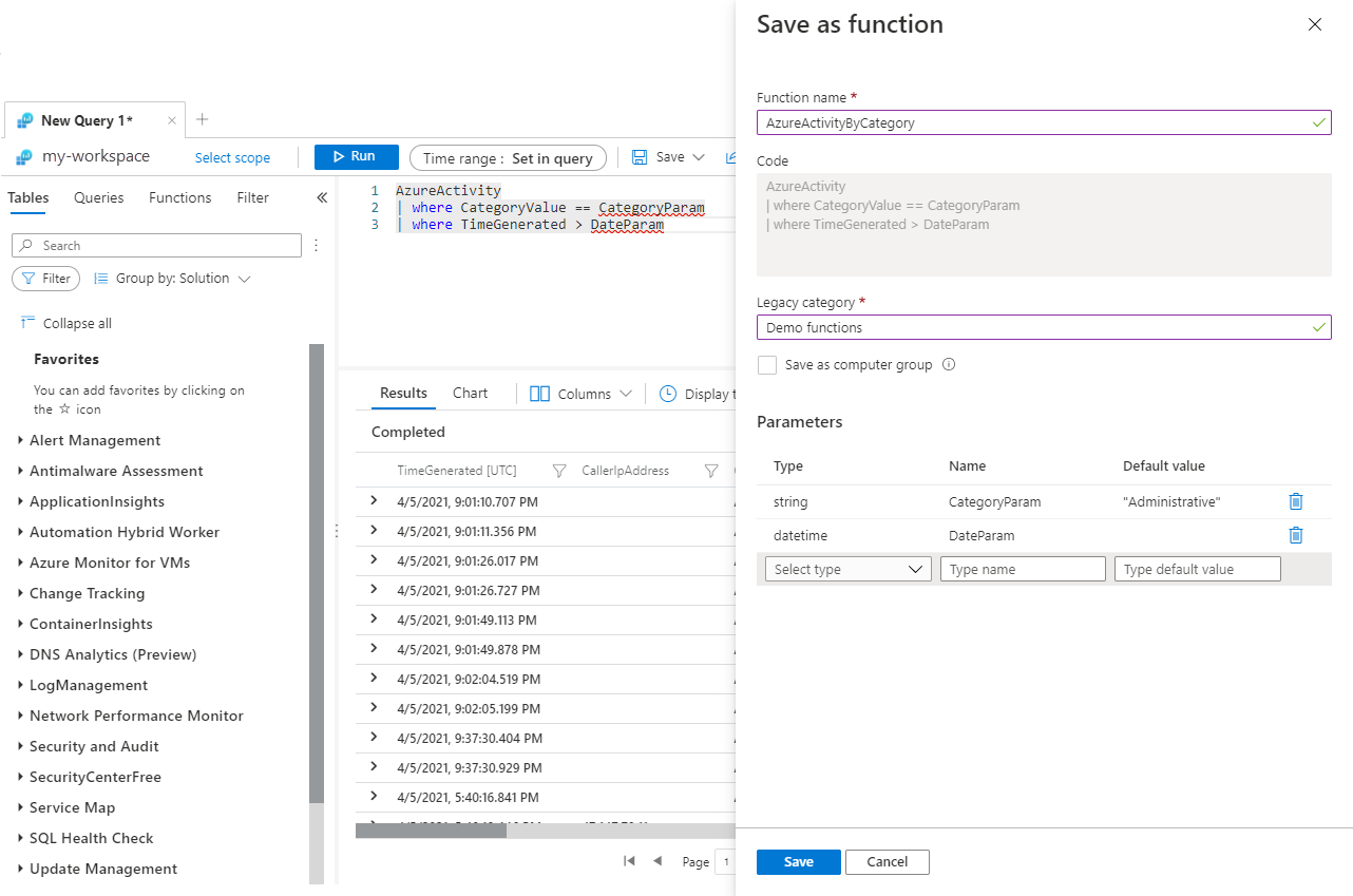 Screenshot that shows function properties.