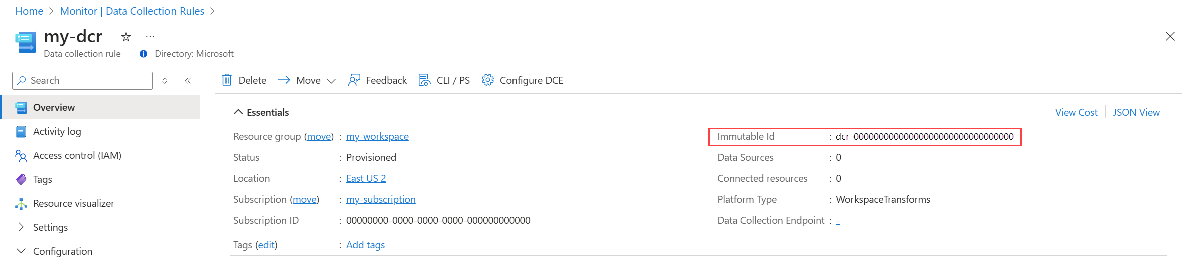 Screenshot of a data collection rule showing the immutable ID.