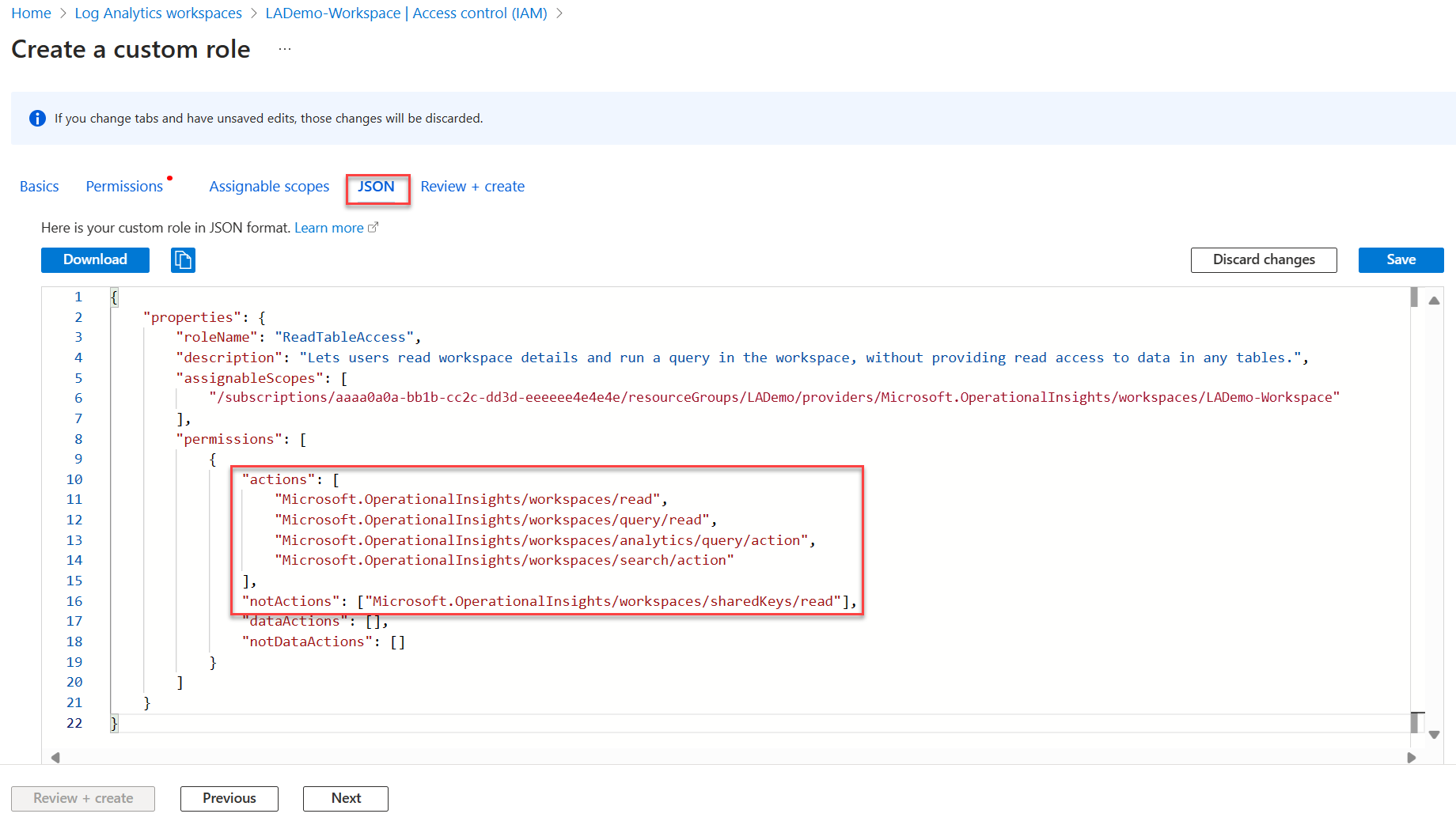 Screenshot that shows the JSON tab of the Create a custom role screen with the actions section of the JSON file highlighted.