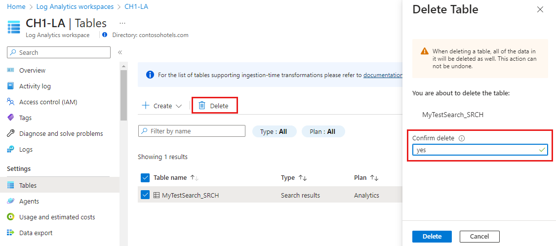 Screenshot that shows the Delete Table screen for a table in a Log Analytics workspace.