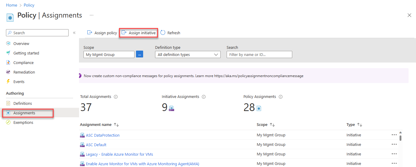 Screenshot that shows the Policy Assignments screen with the Assign initiative button highlighted.