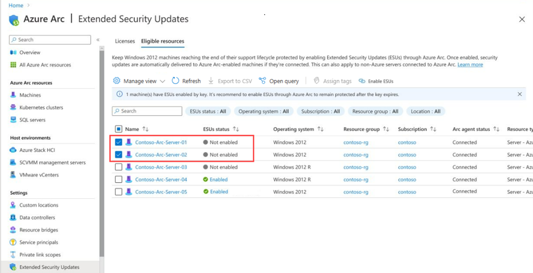 Screenshot of arc-enabled server machines running Windows Server 2012 and 2012 R2 under the eligible resources tab.