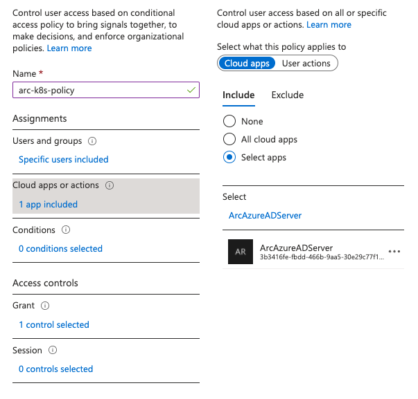 Screenshot showing how to select a server application in the Azure portal.