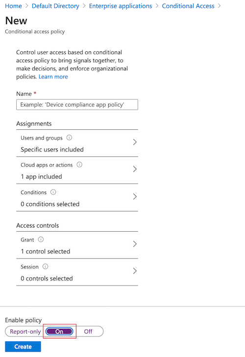 Screenshot showing how to enable a conditional access policy in the Azure portal.