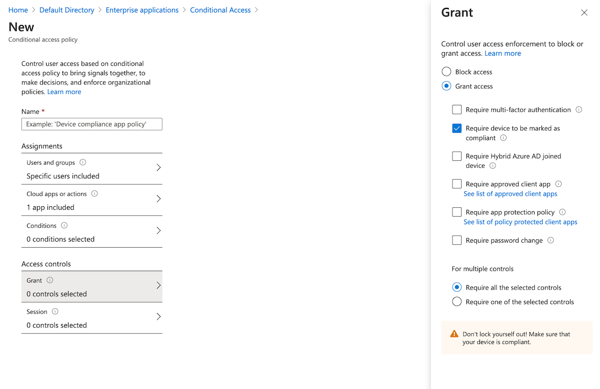 Screenshot showing how to allow only compliant devices in the Azure portal.