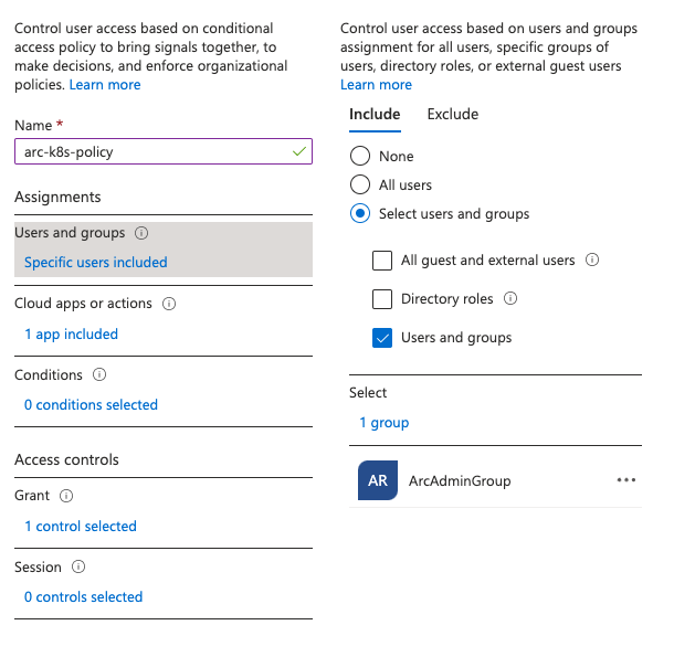 Screenshot that shows selecting users or groups to apply the Conditional Access policy.