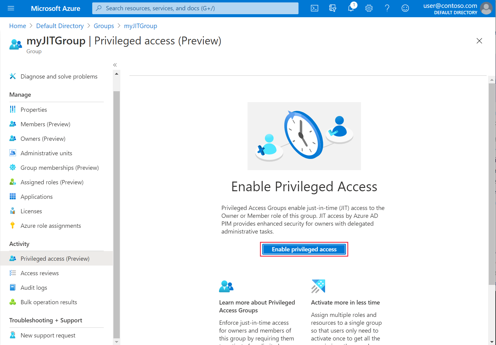 Screenshot showing selections for enabling privileged access in the Azure portal.