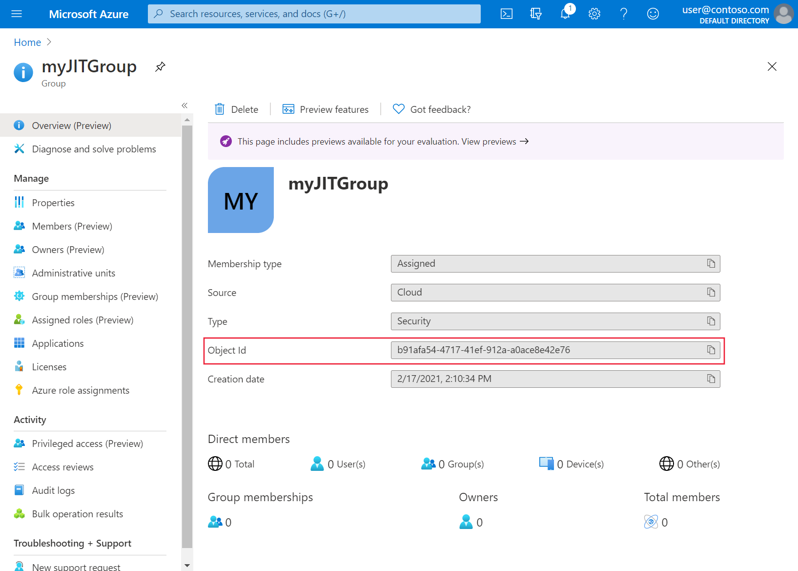 Screenshot showing the object ID for the new group in the Azure portal.