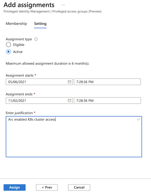 Screenshot showing assignment properties in the Azure portal.