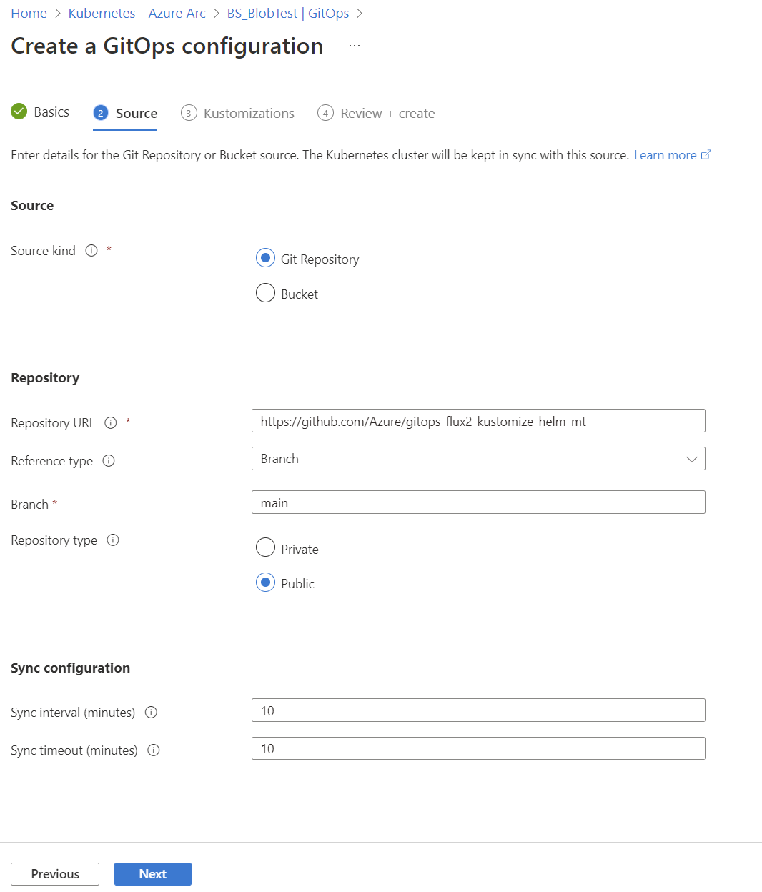 Screenshow showing the Source options for a GitOps configuration in the Azure portal.