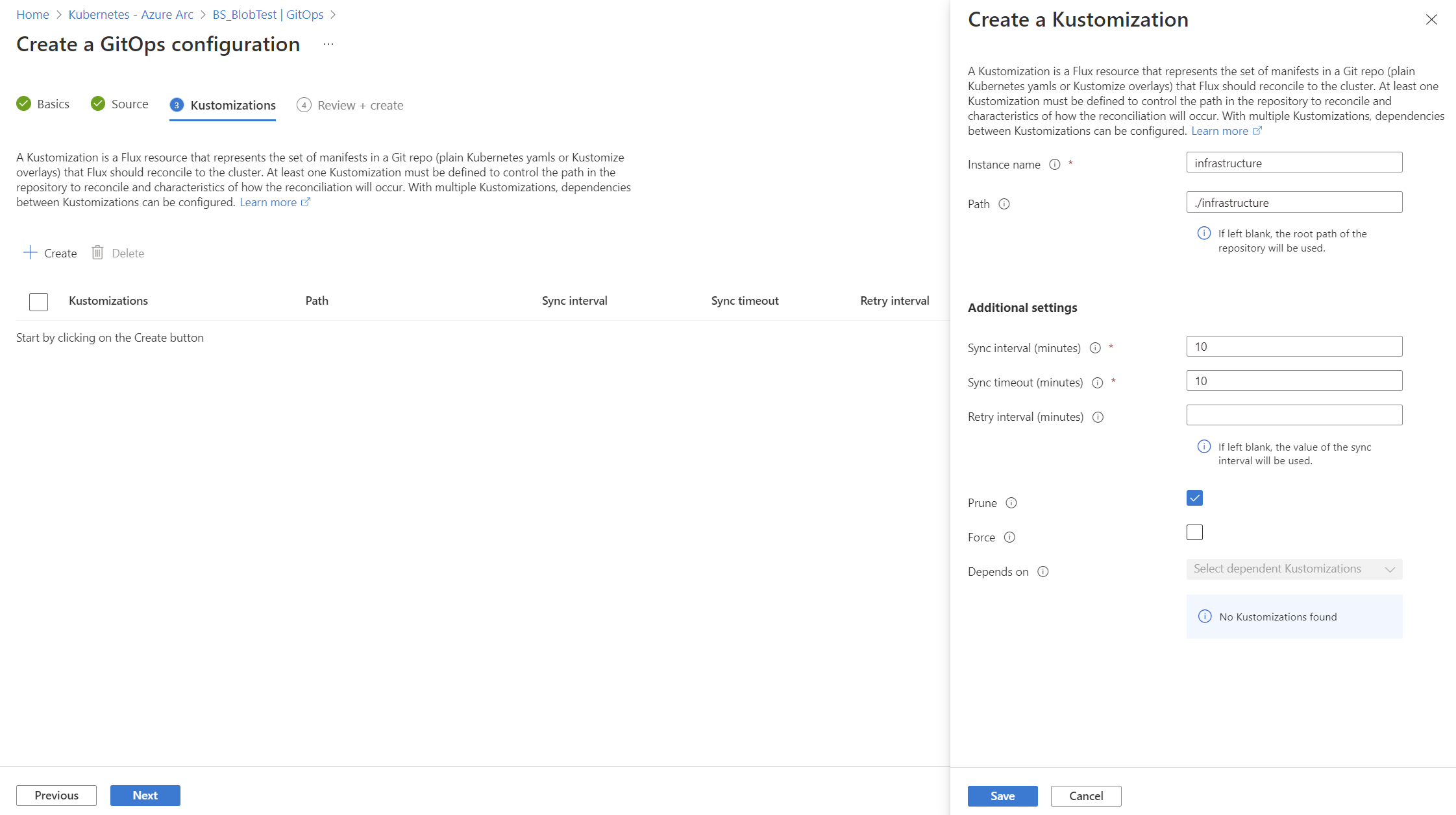 Screenshot showing the options to create the infrastructure kustomization in the Azure portal.