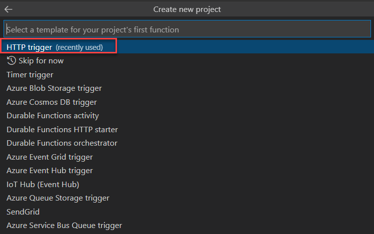 Screenshot for selecting HTTP trigger.