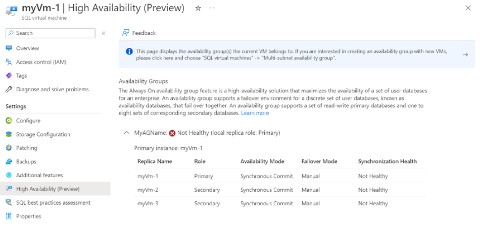 Screenshot of the Azure portal that shows the health of an availability group, which is currently not healthy.