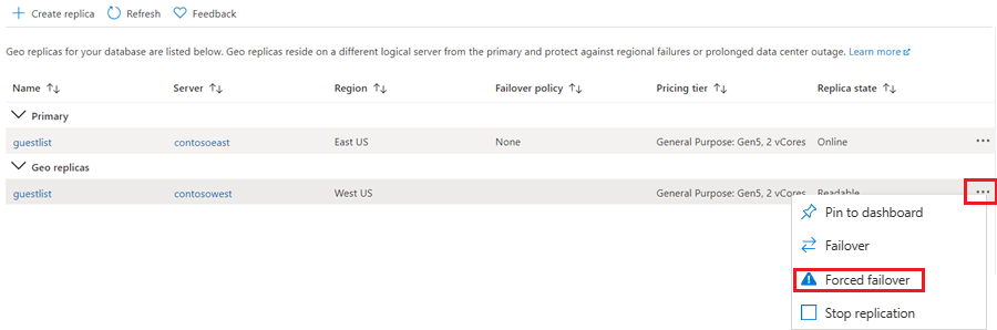 Screenshot that shows selecting forced failover from the drop-down.