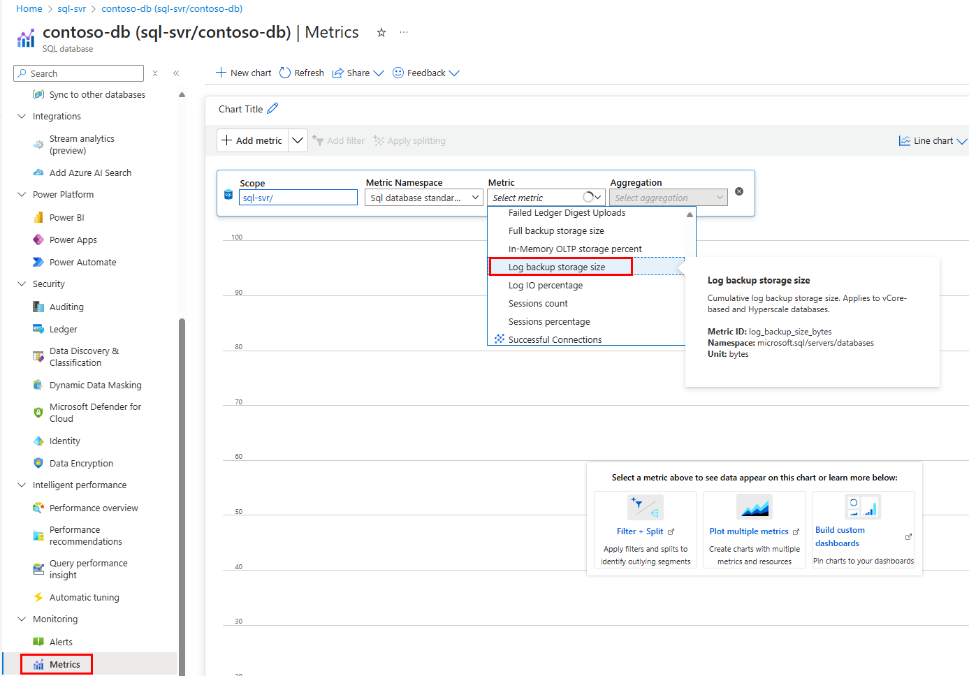 Screenshot that shows selections for monitoring database backup consumption in the Azure portal.