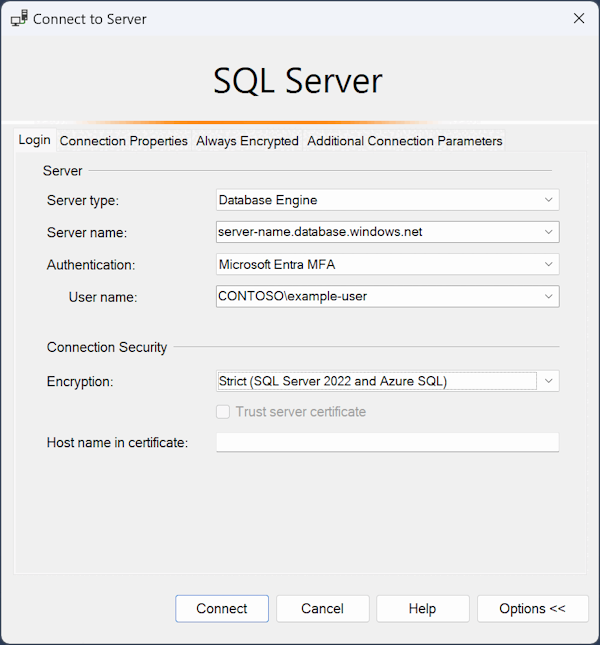 Screenshot of connection dialog for Azure SQL.