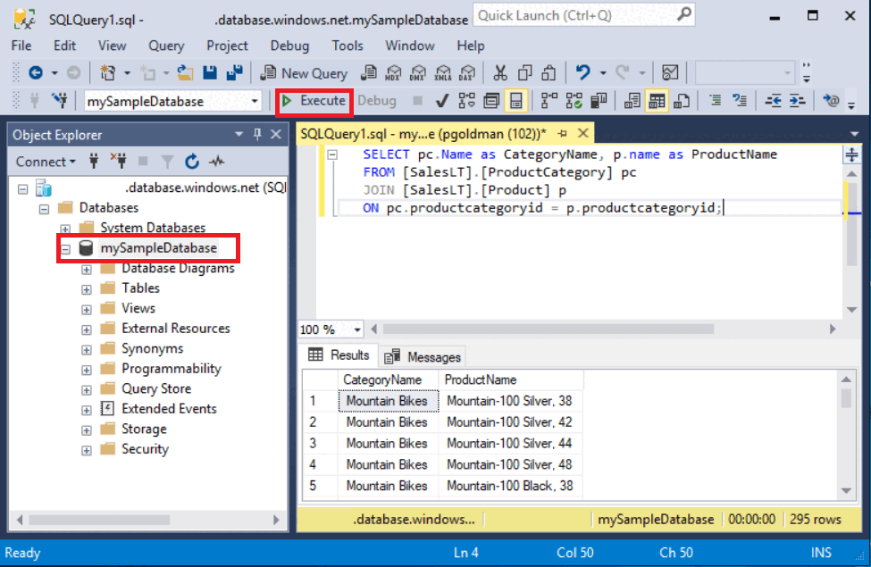 Screenshot of query to retrieve data from table Product and ProductCategory.