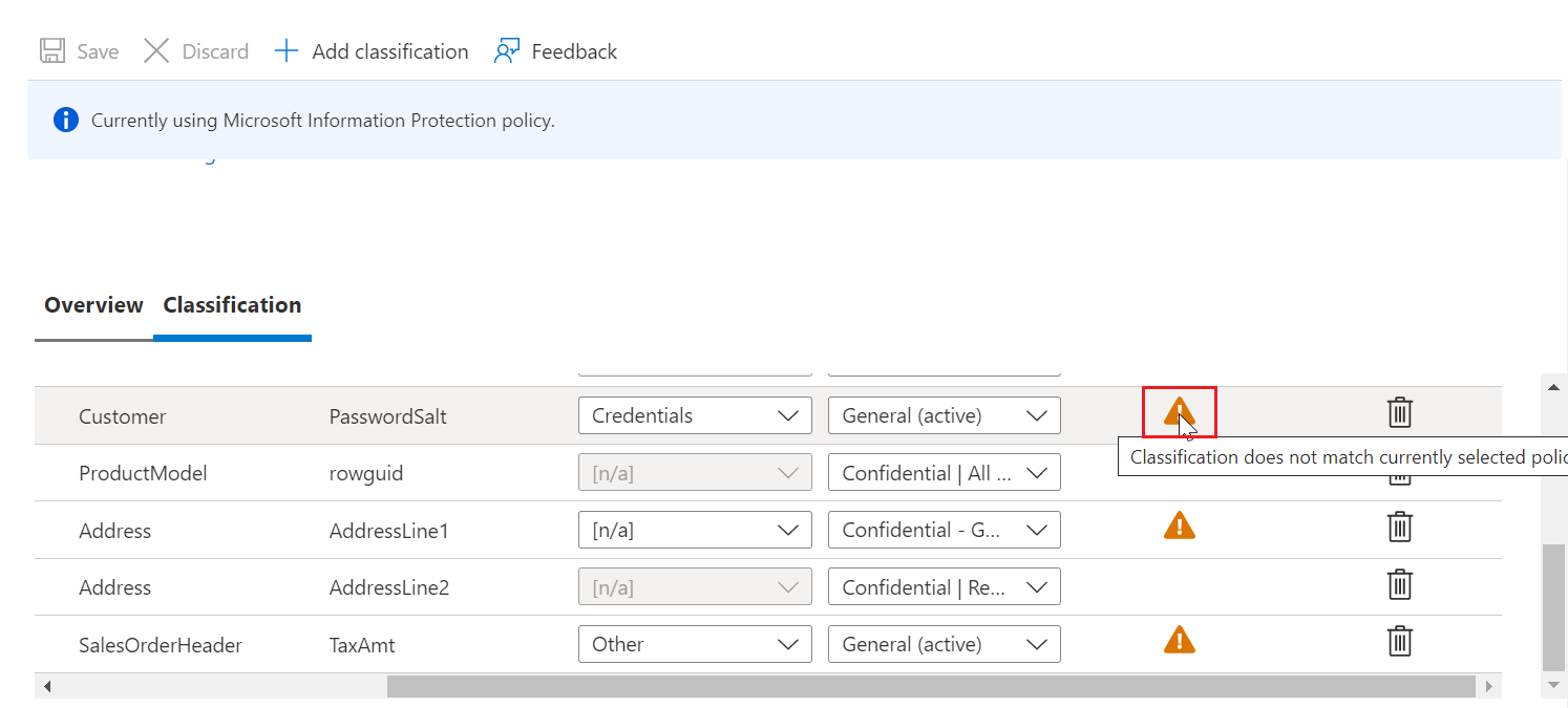 Screenshot of warnings for classified columns because of different Information Protection policies.