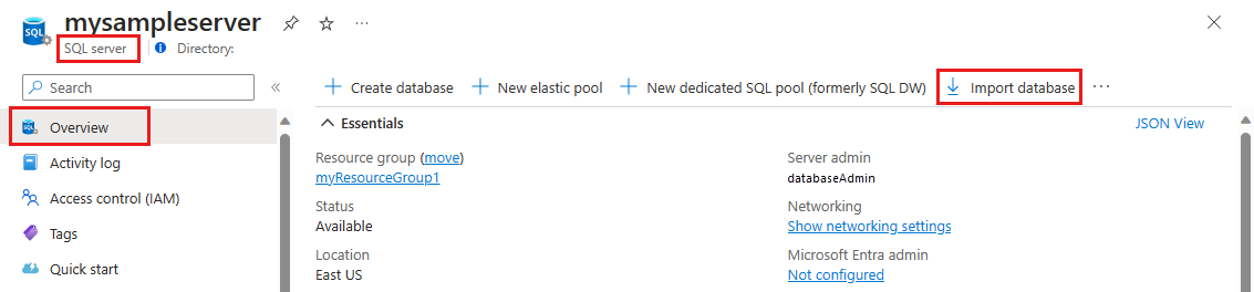 Screenshot of the Azure portal, logical server overview page, with database import selected.