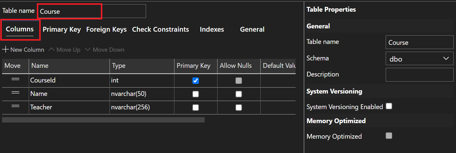 Screenshot of Course Table in Table Designer.