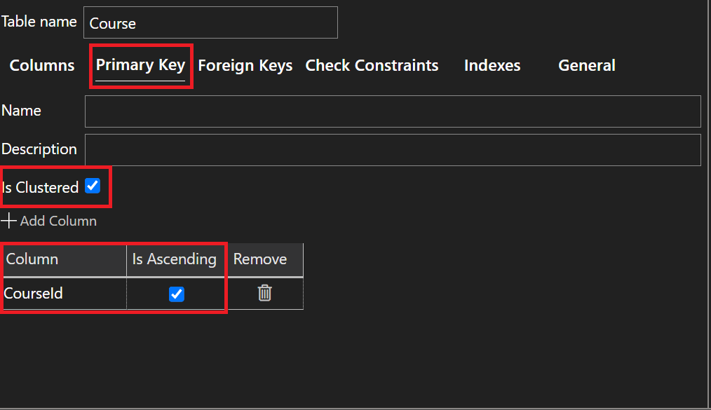 Screenshot of Course table in Table Designer showing Primary Key settings.