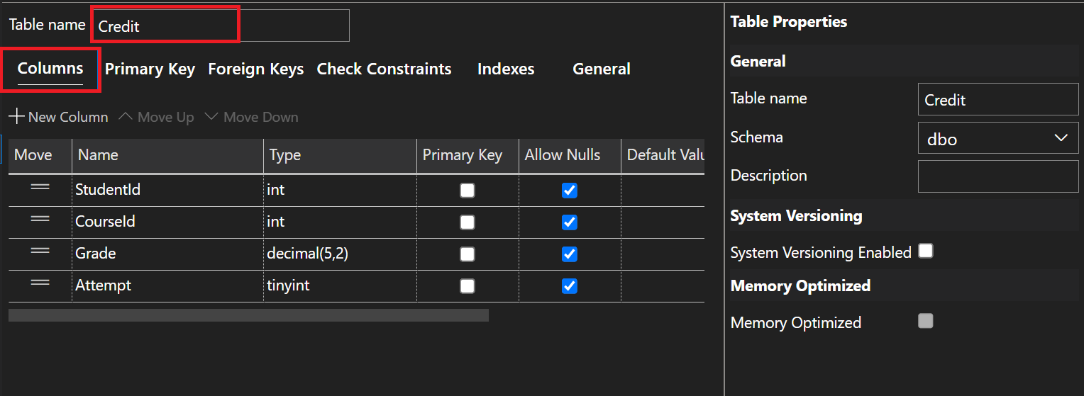 Screenshot of Credit Table in Table Designer.